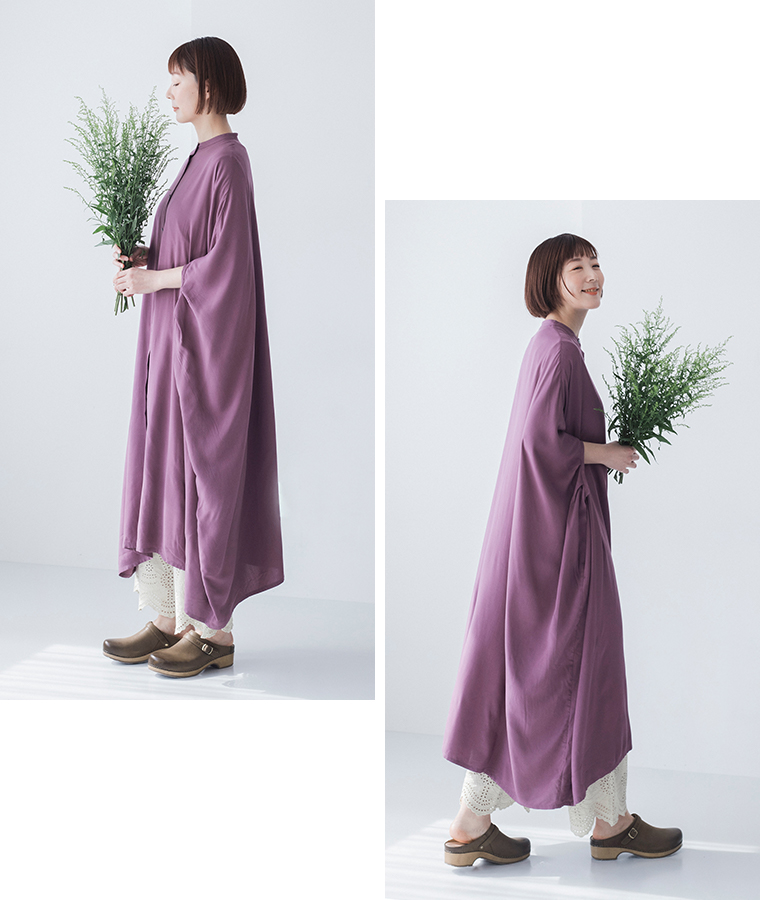 レーヨンゆったりワンピース(A・パープル)とコットンリネン スカラップパンツ(A・ベージュ)のコーディネート &yarn(アンドヤーン)