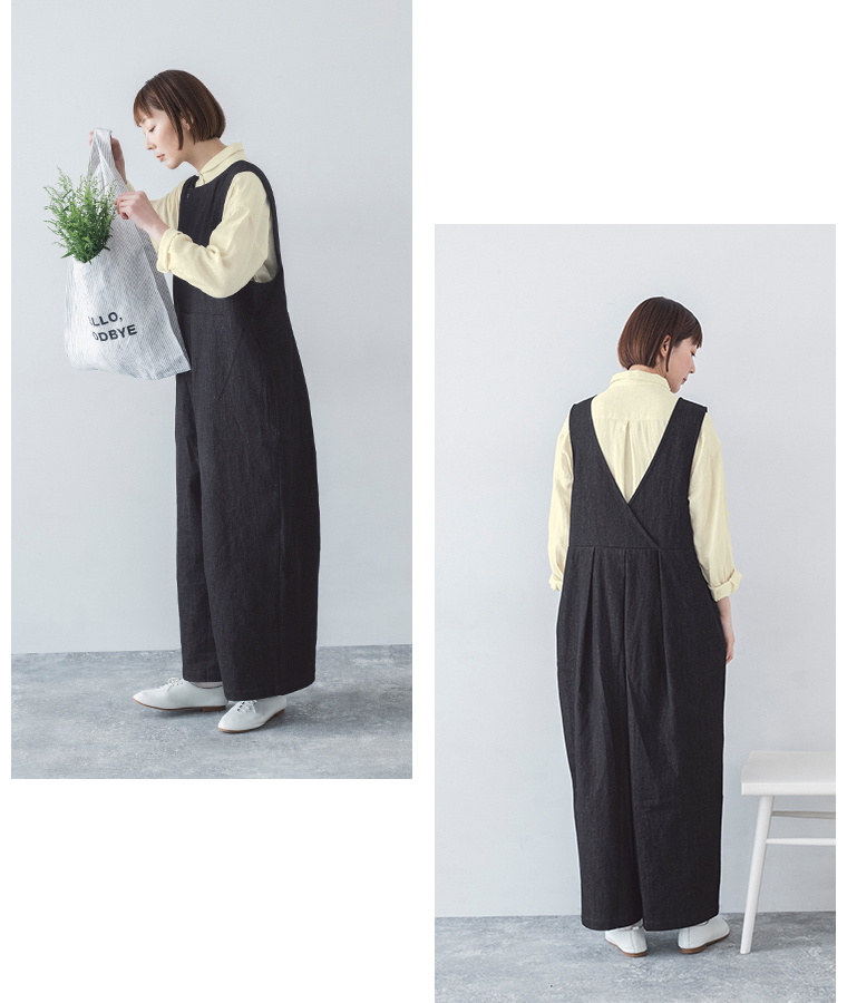 Lintu Laulu リネンコットン2WAYサロペット インディゴ シャツの着こなし バックカット