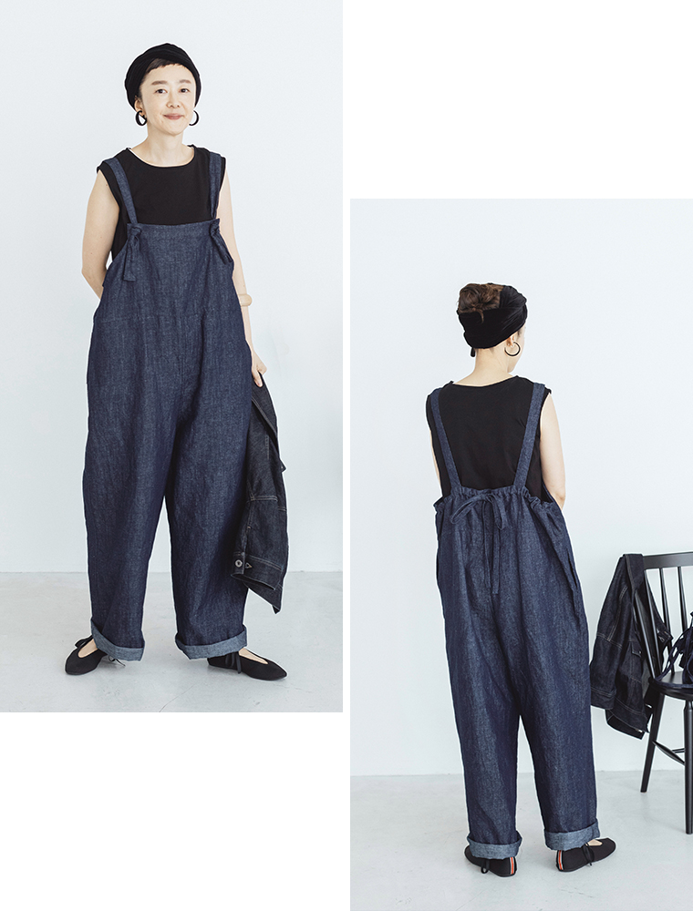 &yarn 滝口和代 マイフェイバリットデニムサロペット 　前、後ろ　ノースリーブ姿
