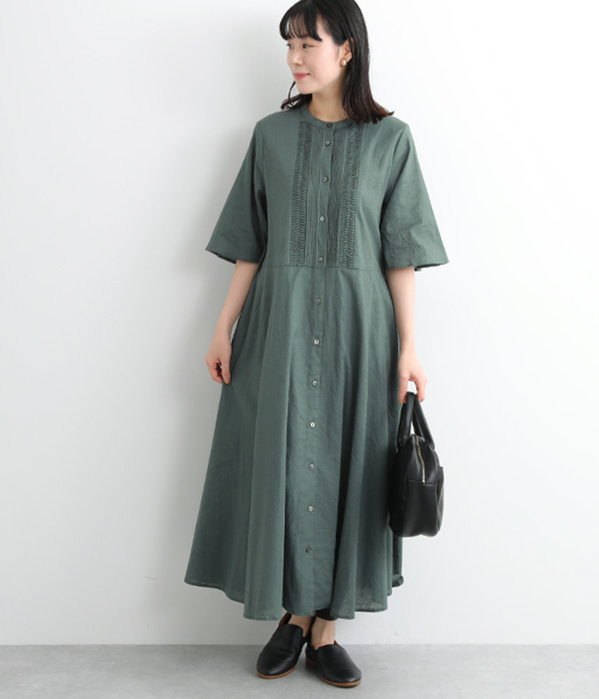 コットンリネンワンピース(グリーン-ONESIZE)