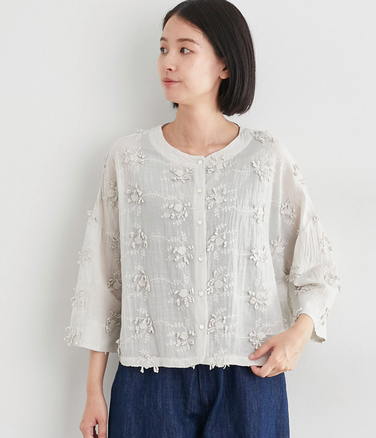 インド刺繍ブラウス(ライトグレー-ONESIZE)
