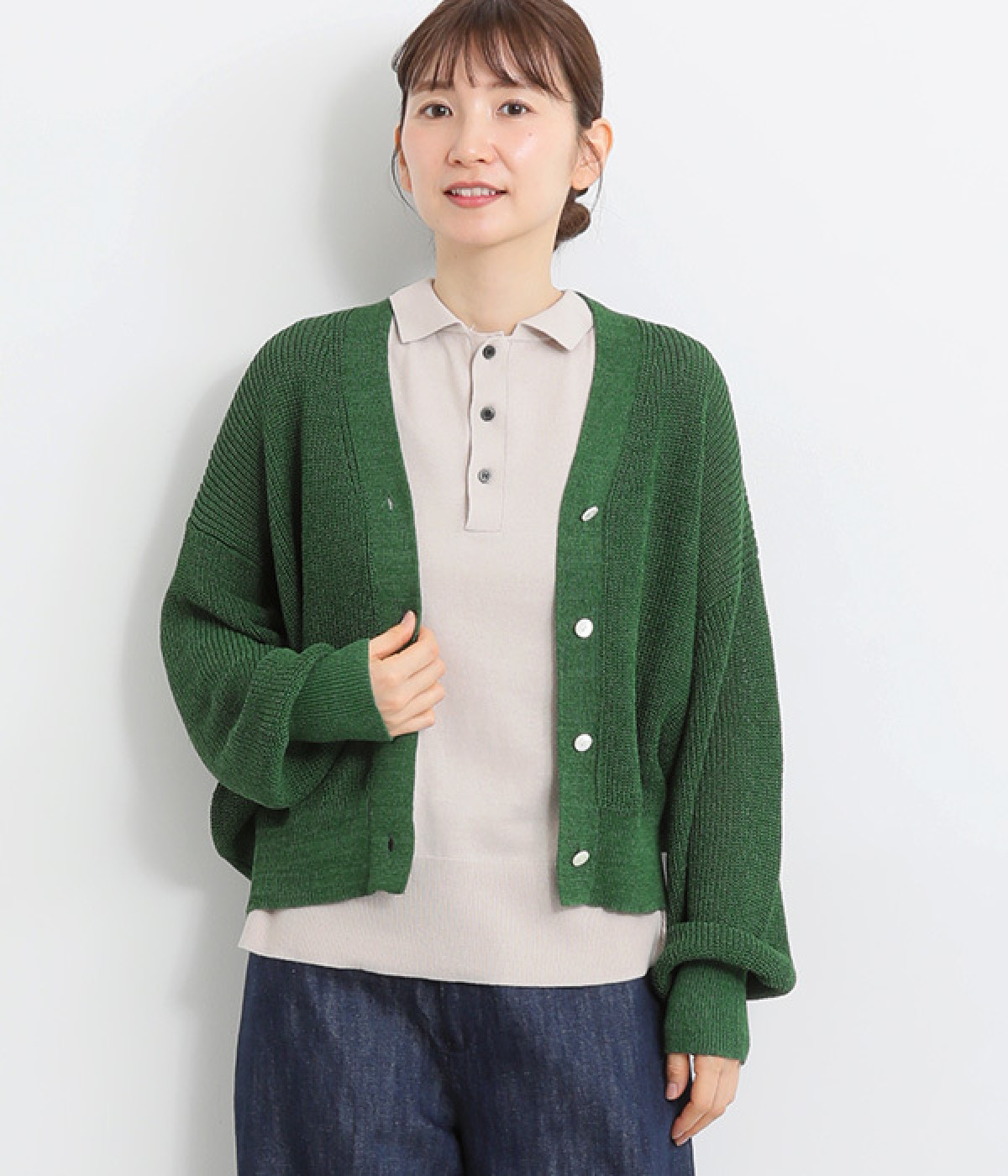 KOYORI　SHION　和紙片畦ゆったりショートカーディガン(グリーン-ONESIZE)
