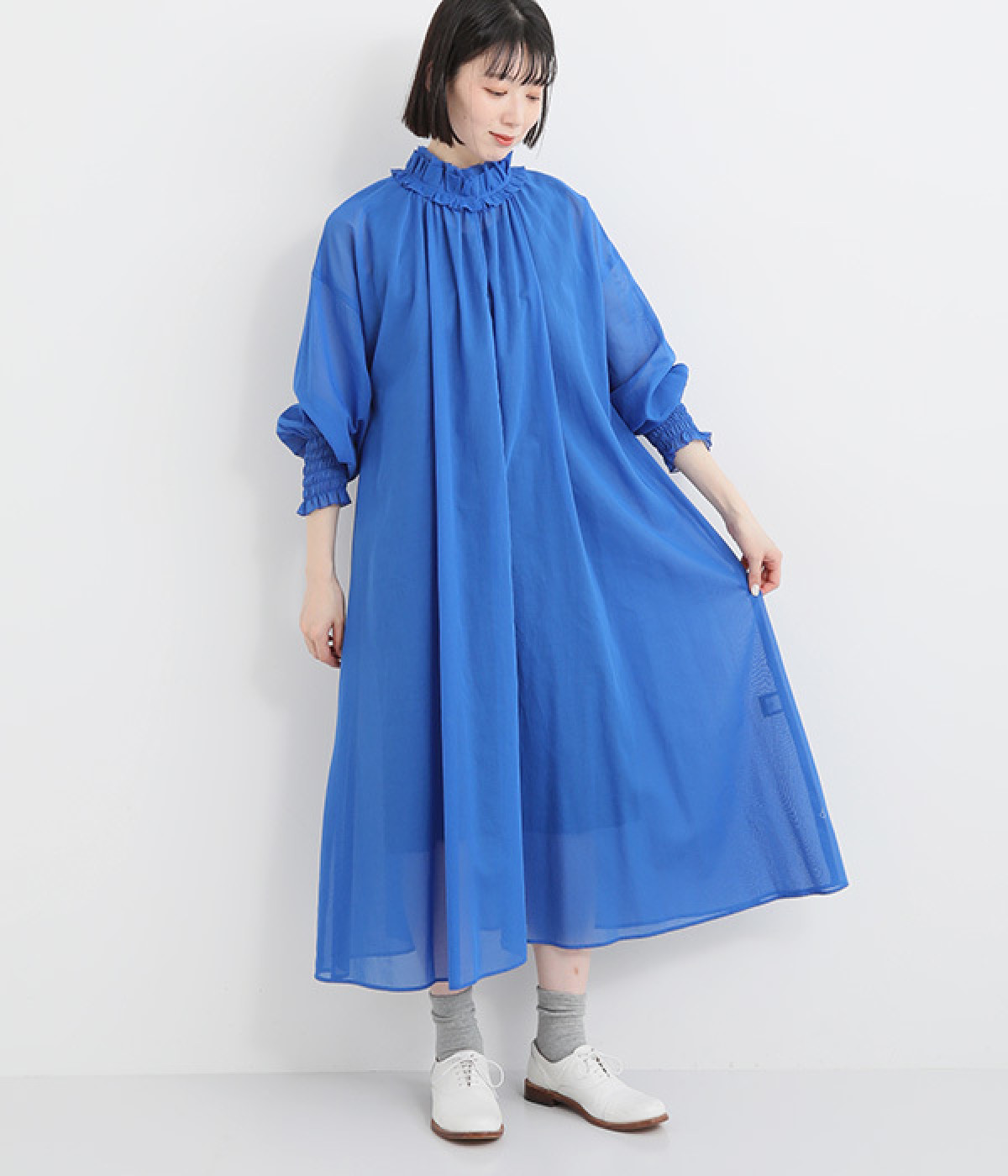 コットン襟フリル2wayシアーワンピース(ブルー-ONESIZE)