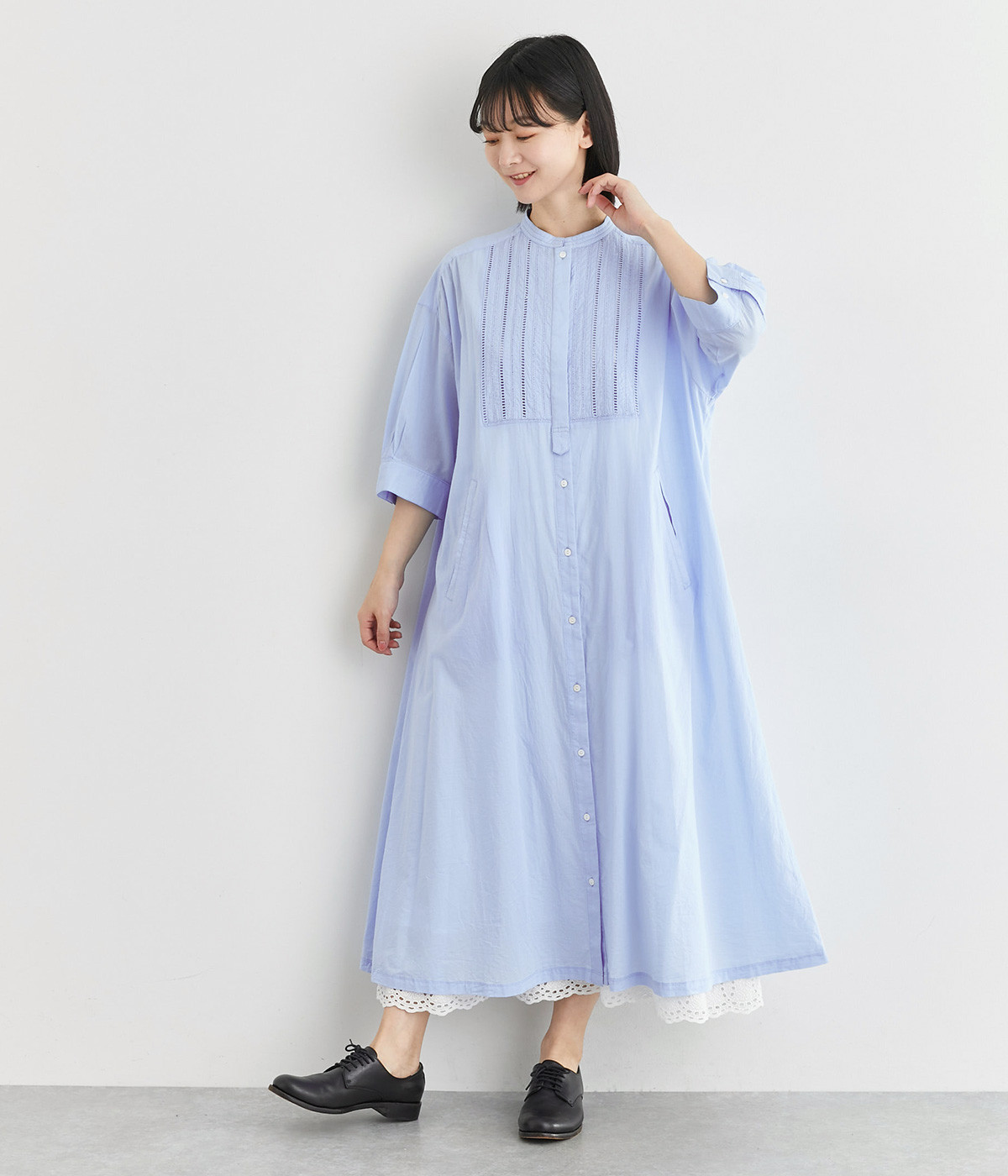 コットンボイルピンタックワンピース(サックス-ONESIZE)