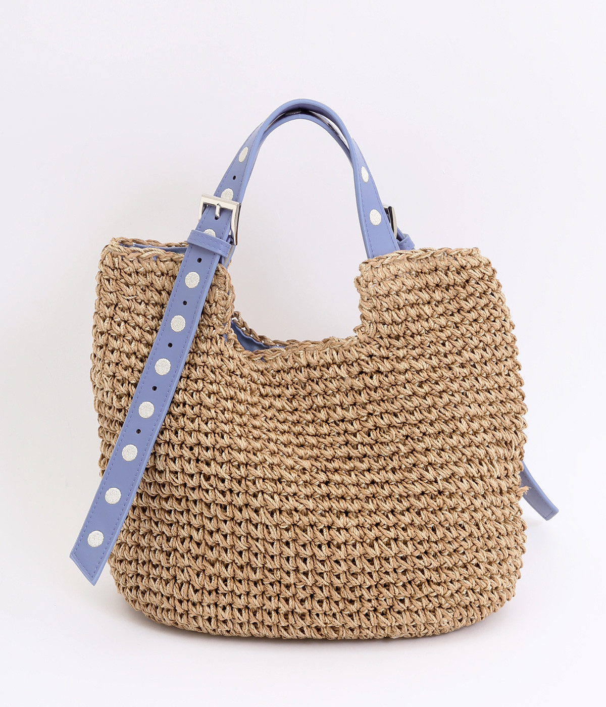 ドット刺繍ハンドル　手編みトート(ブルー-ONESIZE)