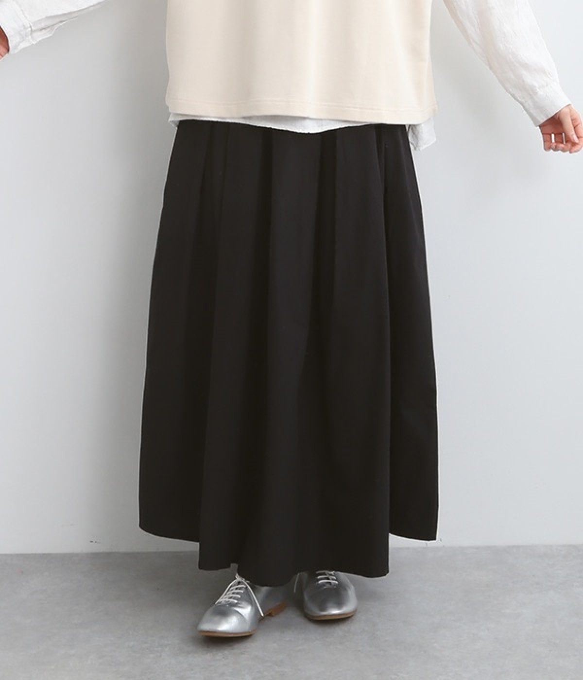 コットンワッシャータック入ロングギャザースカート(ブラック-ONESIZE)