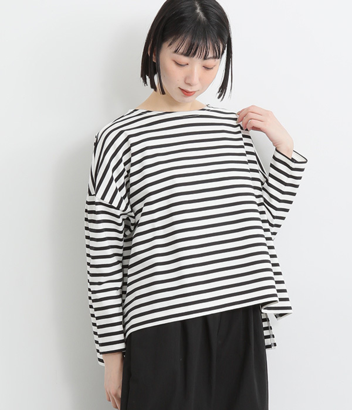 【A.U.G. relaxing】コットン天竺ボートNワイドTee(オフ×ブラック-ONESIZE)