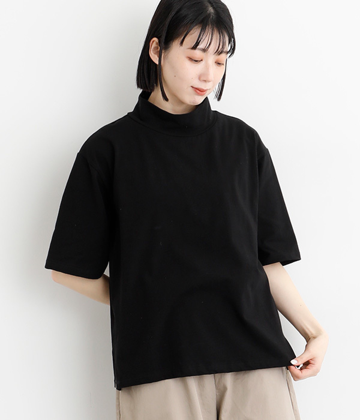 【A.U.G. relaxing】コットン天竺ゆるタートルTee(ブラック-ONESIZE)