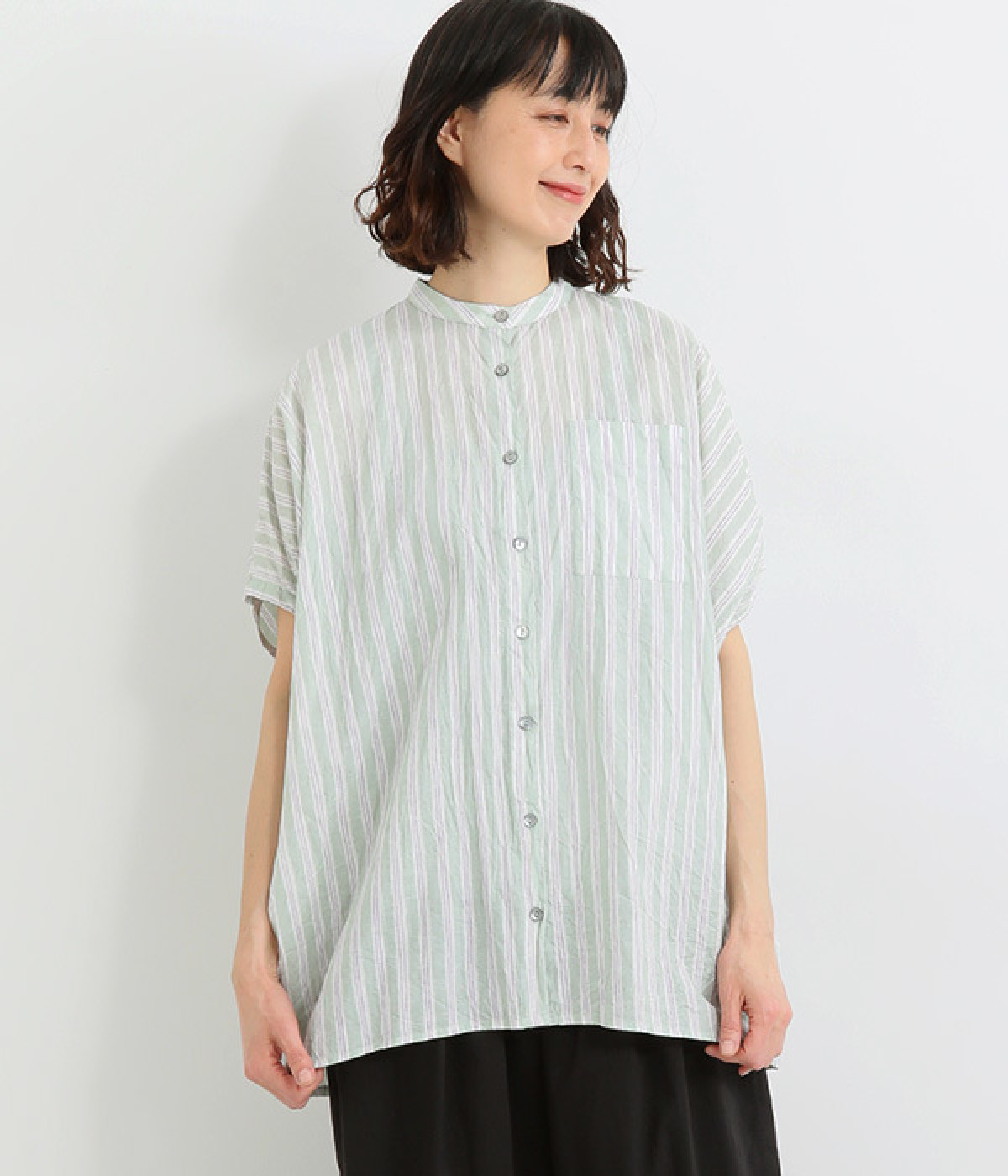 キャンブリック ラフストライププリント　コクーンワイドロングシャツ(ライトミント-ONESIZE)