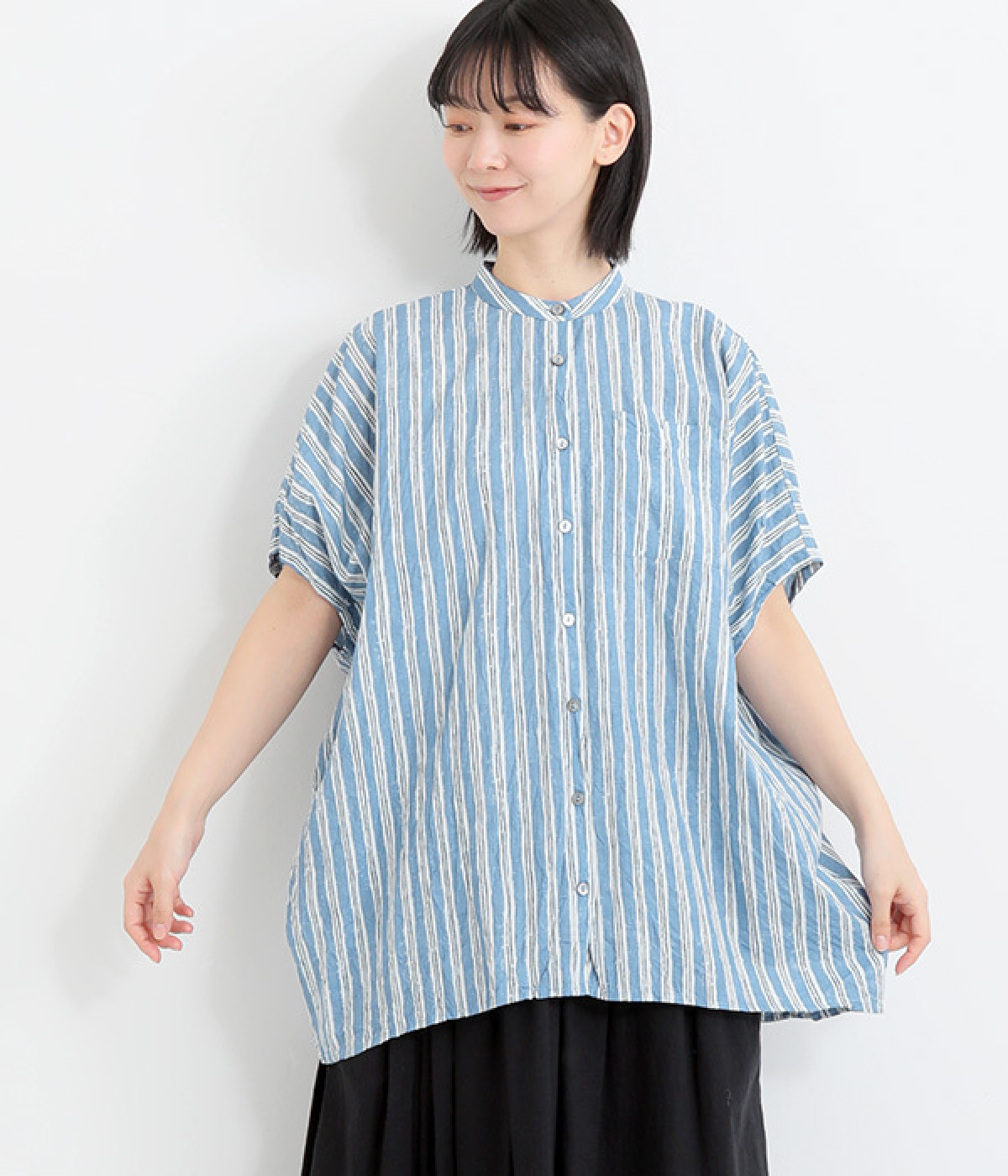 キャンブリック ラフストライププリント　コクーンワイドロングシャツ(ブルー-ONESIZE)