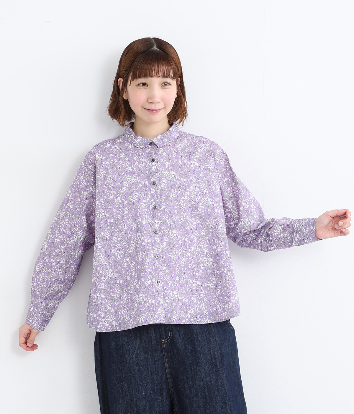 コットン 花柄襟付き長袖ブラウス(パープル-ONESIZE)