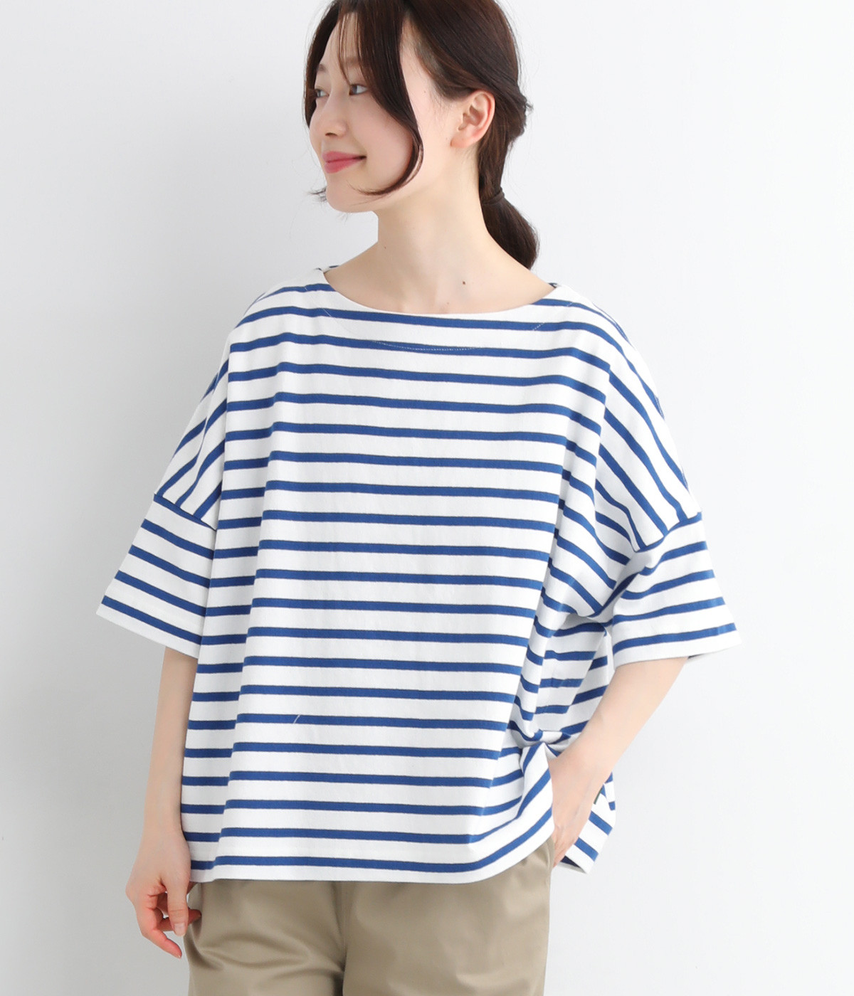 ライトヘビー天竺 変形袖ワイドTシャツ(ブルーボーダー-ONESIZE)