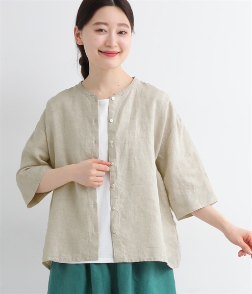 リネン バンドカラー6分袖ブラウス(麻ベージュ-ONESIZE)