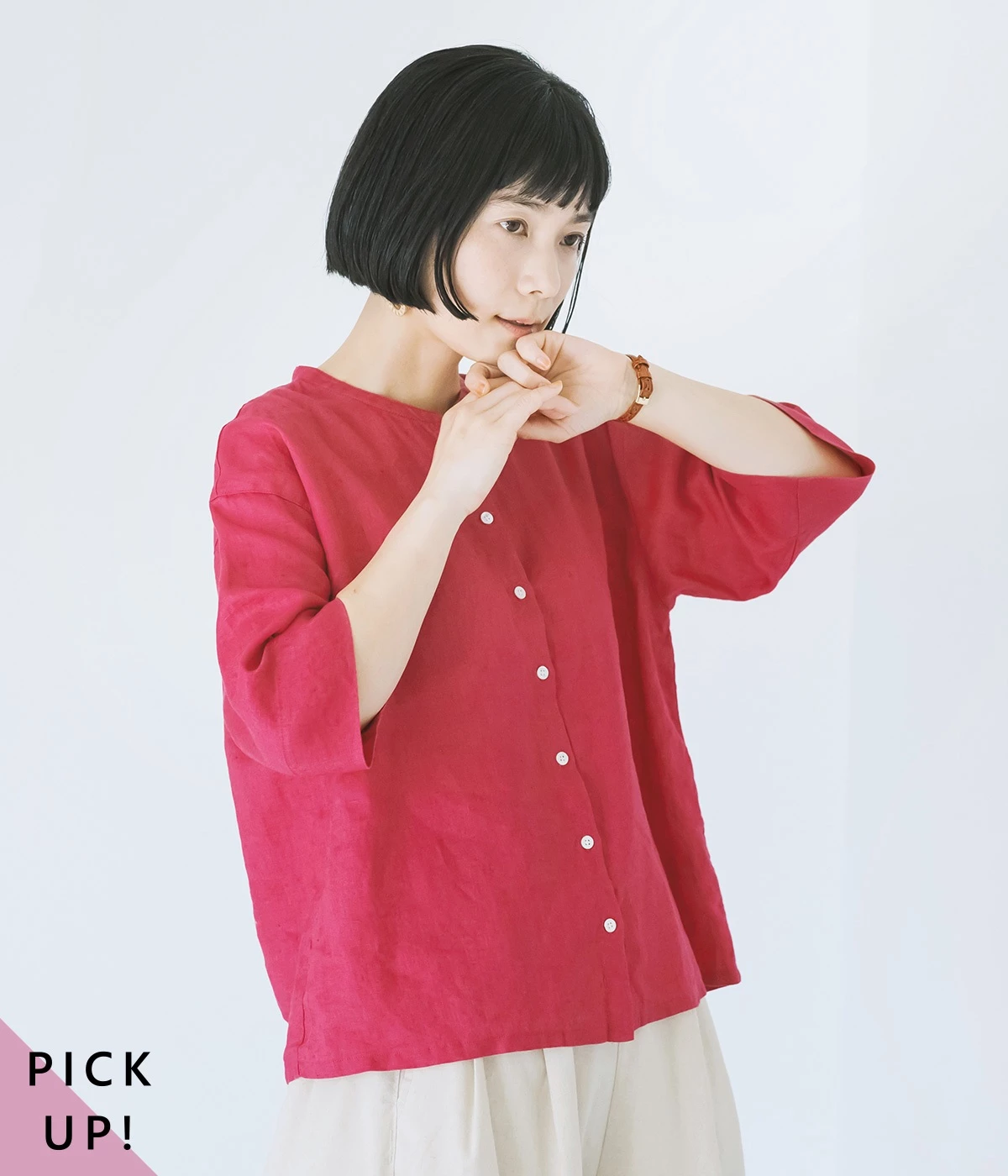 リネン バンドカラー6分袖ブラウス(ピンク-ONESIZE)