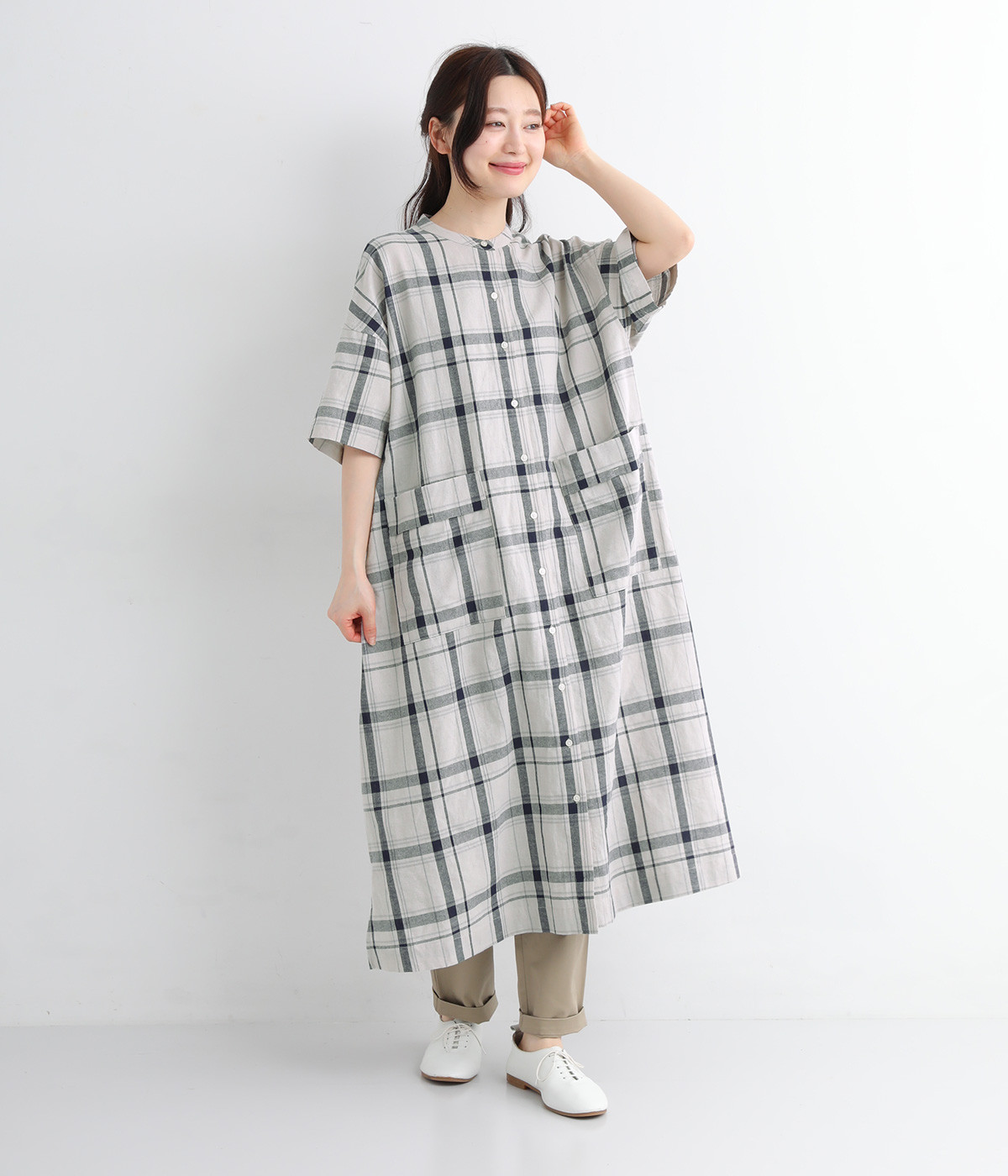 コットンリネンチェック シャツワンピース(グレーチェック-ONESIZE)
