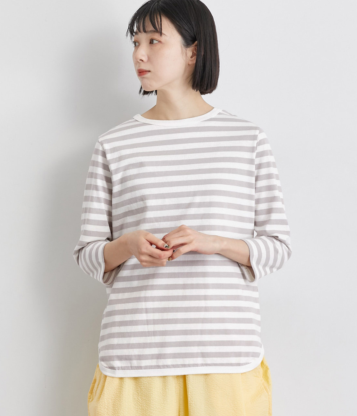 天竺七分袖Tシャツ(ホワイト×グレー-ONESIZE)