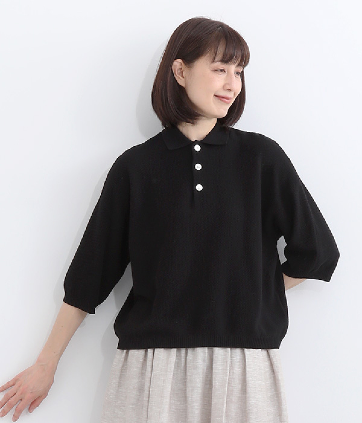 強撚ミドルゲージ鹿の子編み5分袖ポロシャツ(ブラック-ONESIZE)