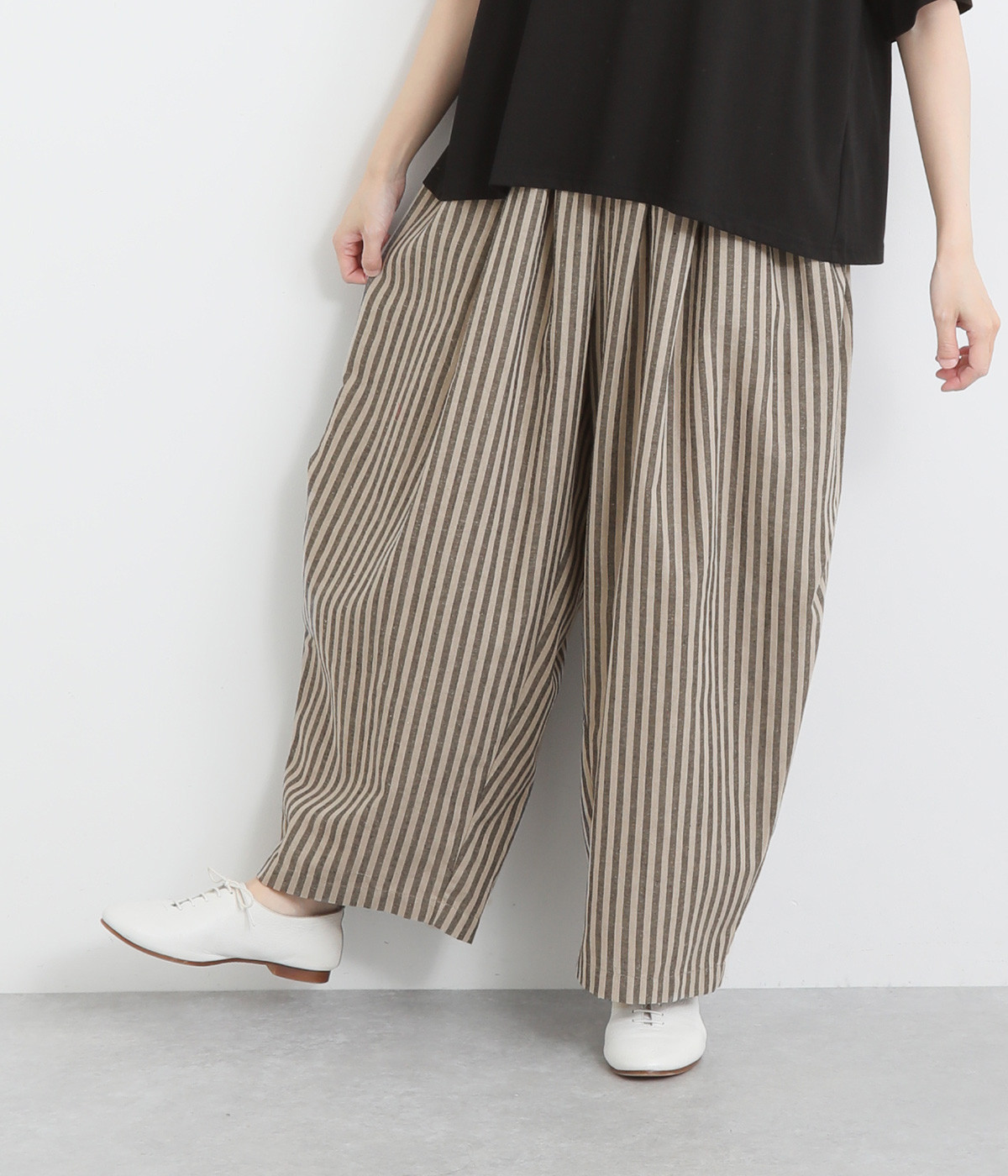 コットンポリエステルリネンストライプバルーンパンツ(ベージュ-ONESIZE)