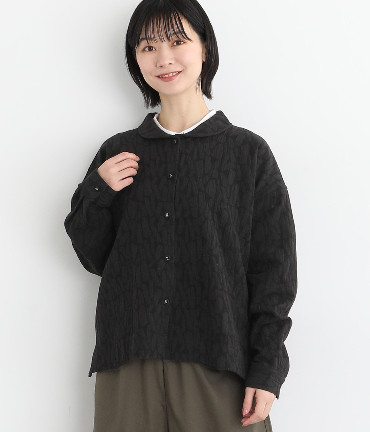 コットンリネンレーヨンジャカードジャケットシャツ(ブラック-L)