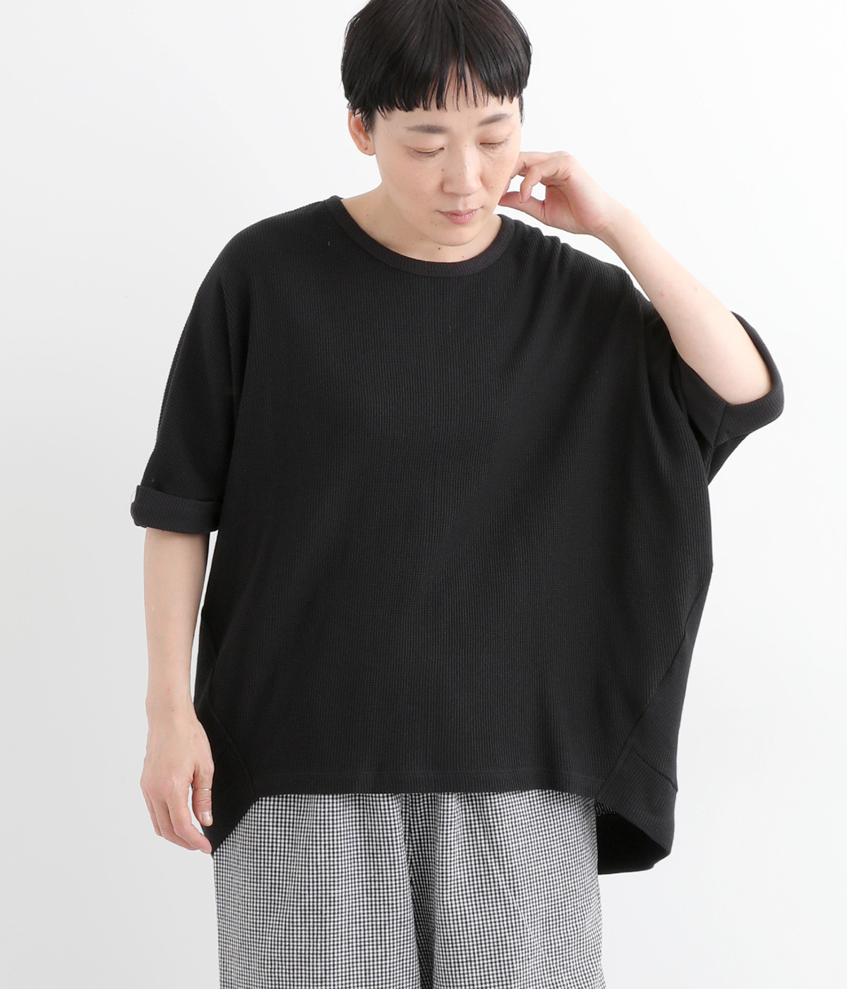 コットンワッフルカットソーTシャツ(ブラック-ONESIZE)