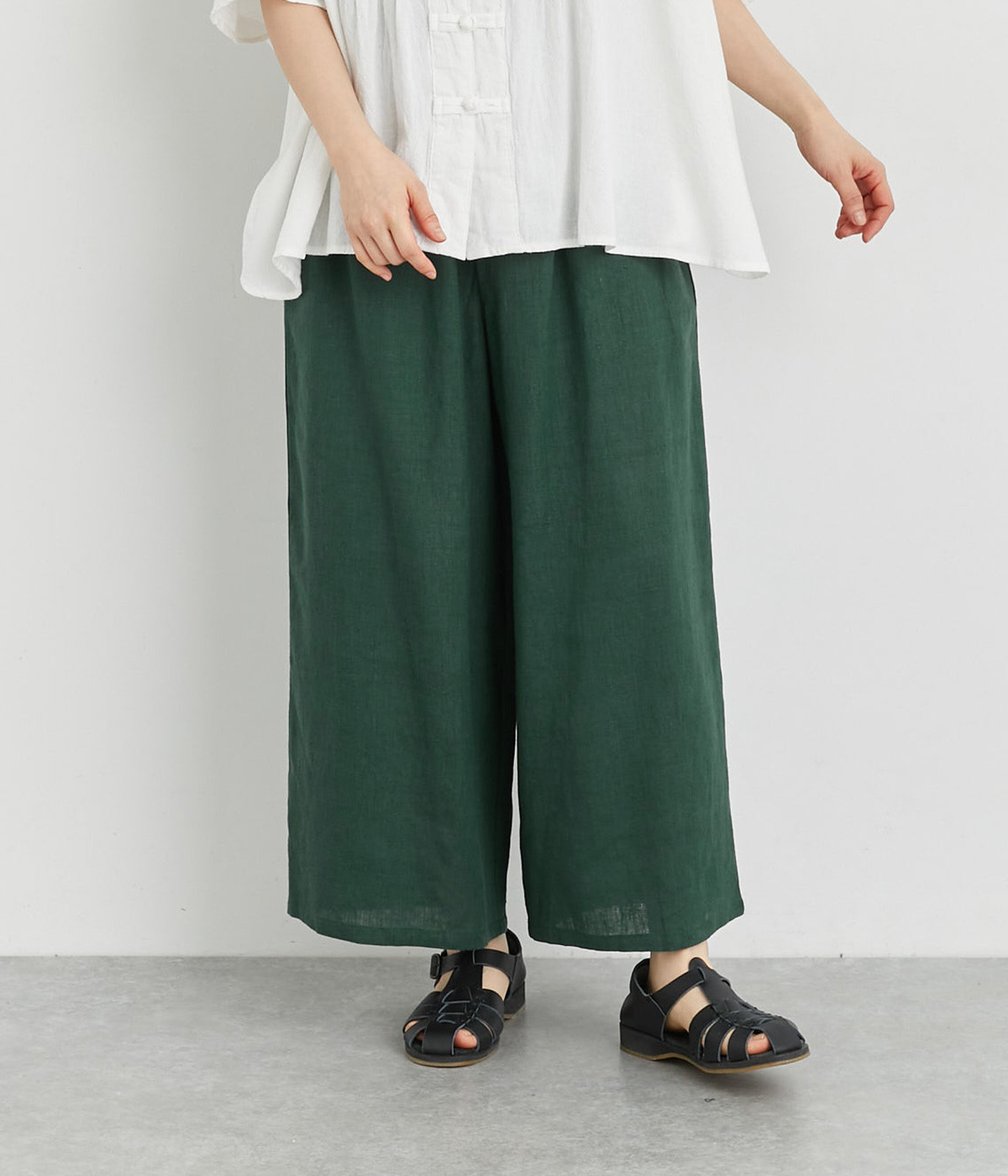リネン平織セミワイドパンツ(グリーン-ONESIZE)