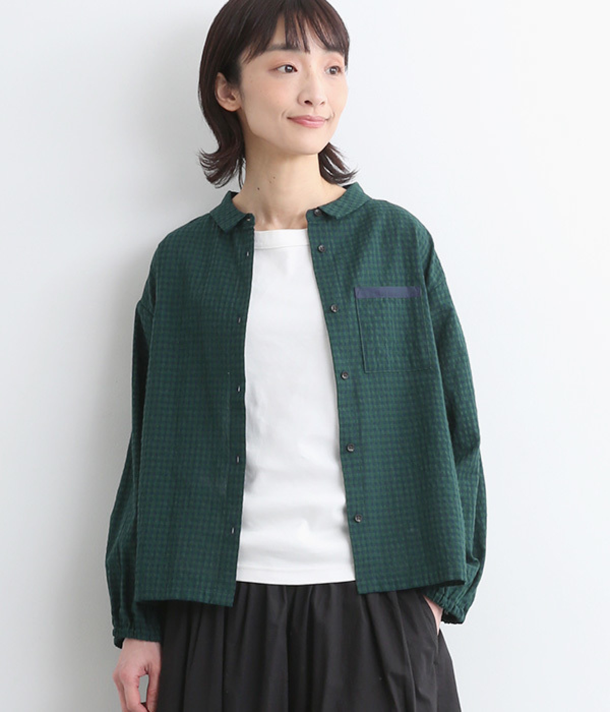 コットン混ギンガムチェックブラウス(グリーン-ONESIZE)
