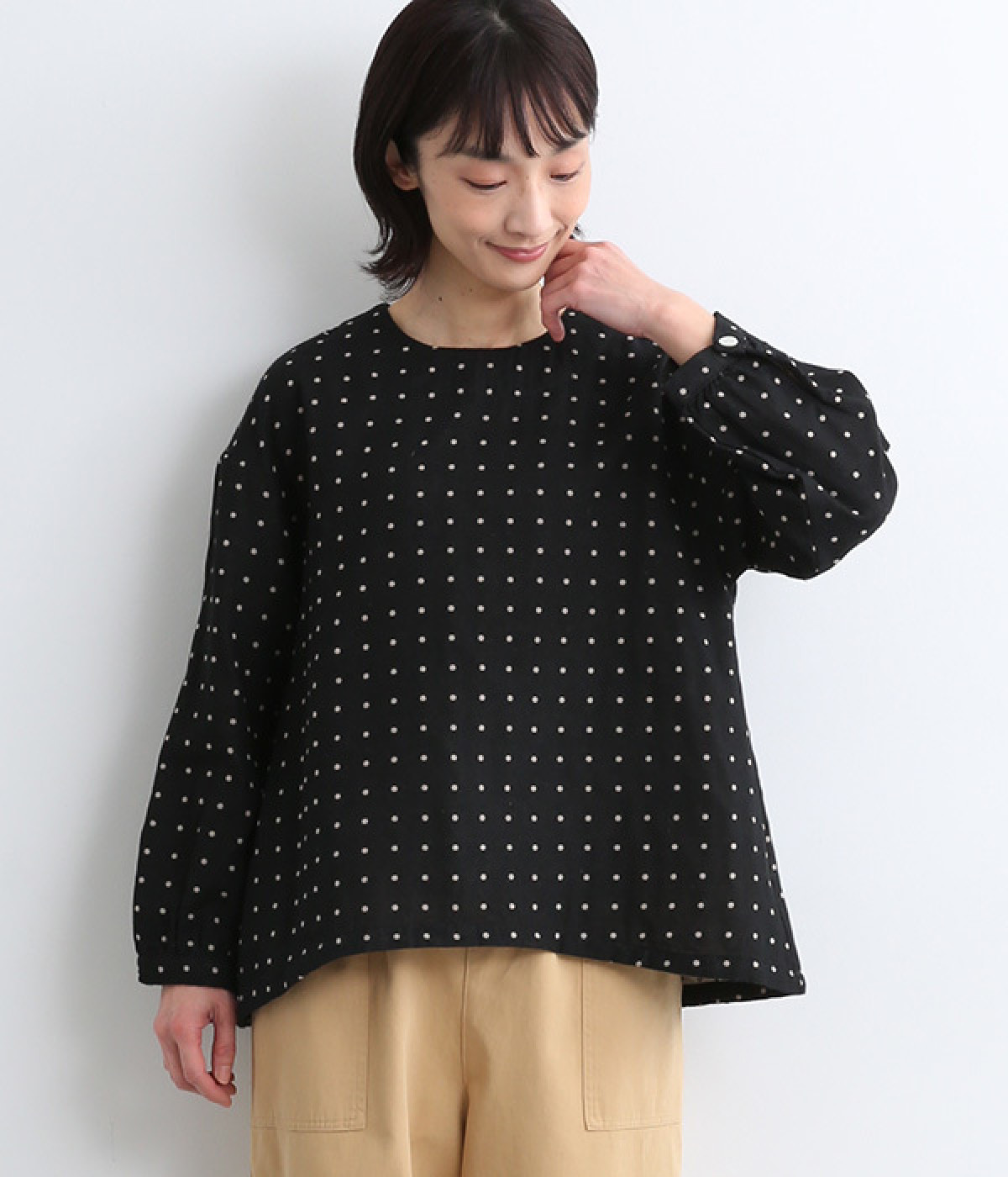 コットン混ガーゼ　ドットジャカードブラウス(ブラック-ONESIZE)
