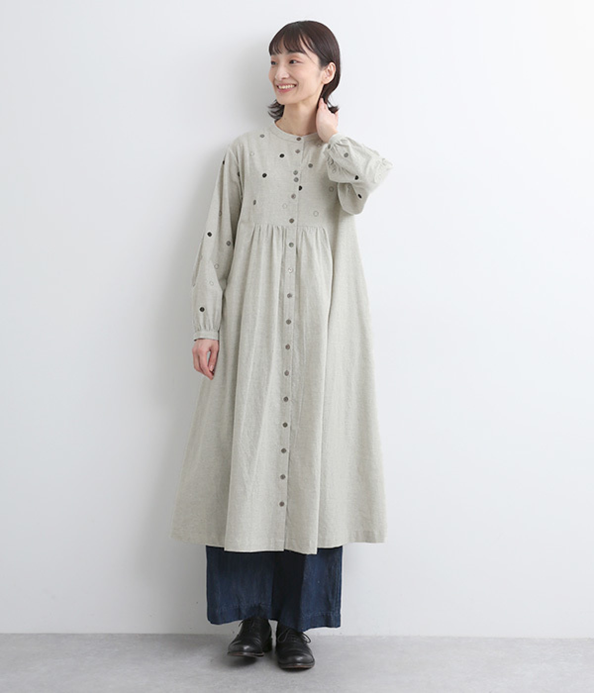 ダンガリードット刺繍ワンピース(グレー-ONESIZE)
