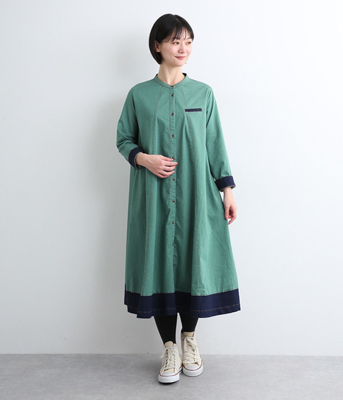 コットンストレッチデニムワンピース(グリーン-ONESIZE)