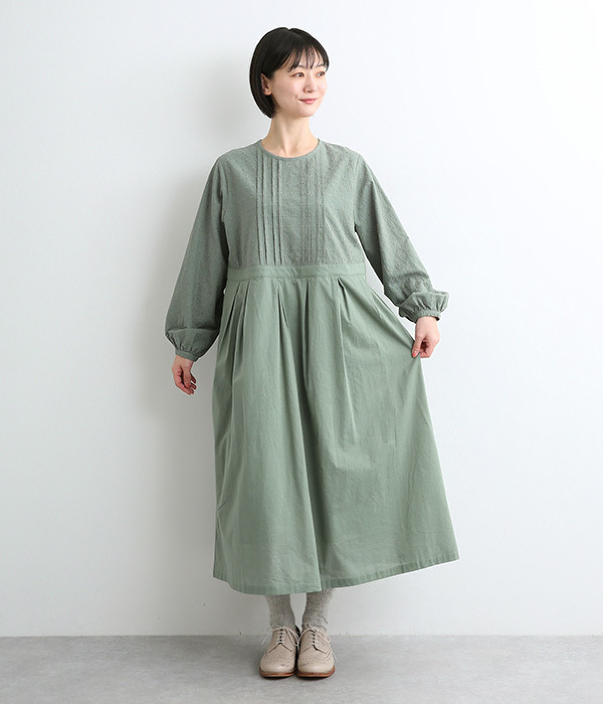 コットン花柄刺繍ワンピース(グリーン-ONESIZE)