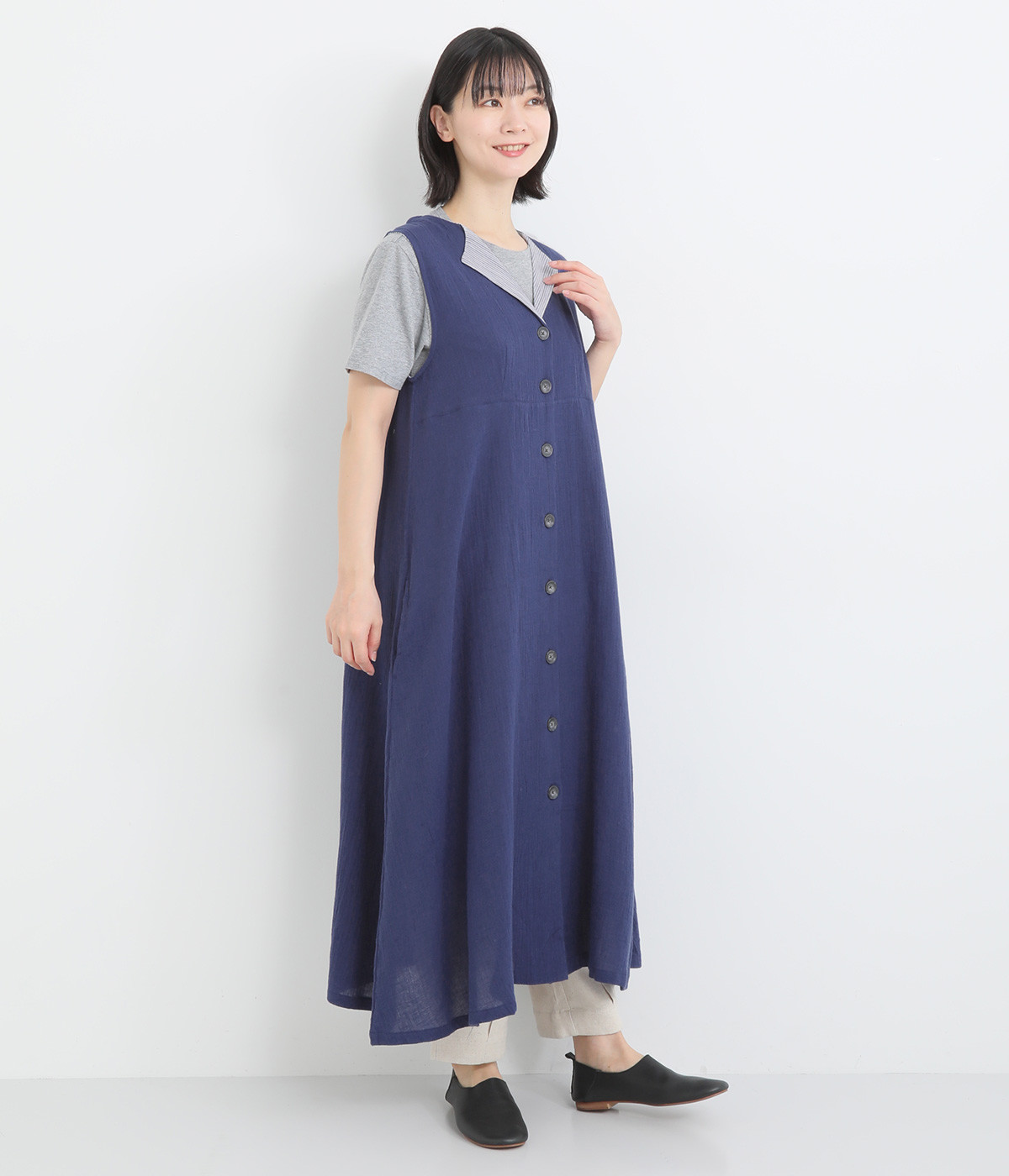 コットンリネンガーゼワンピース(ネイビー-ONESIZE)