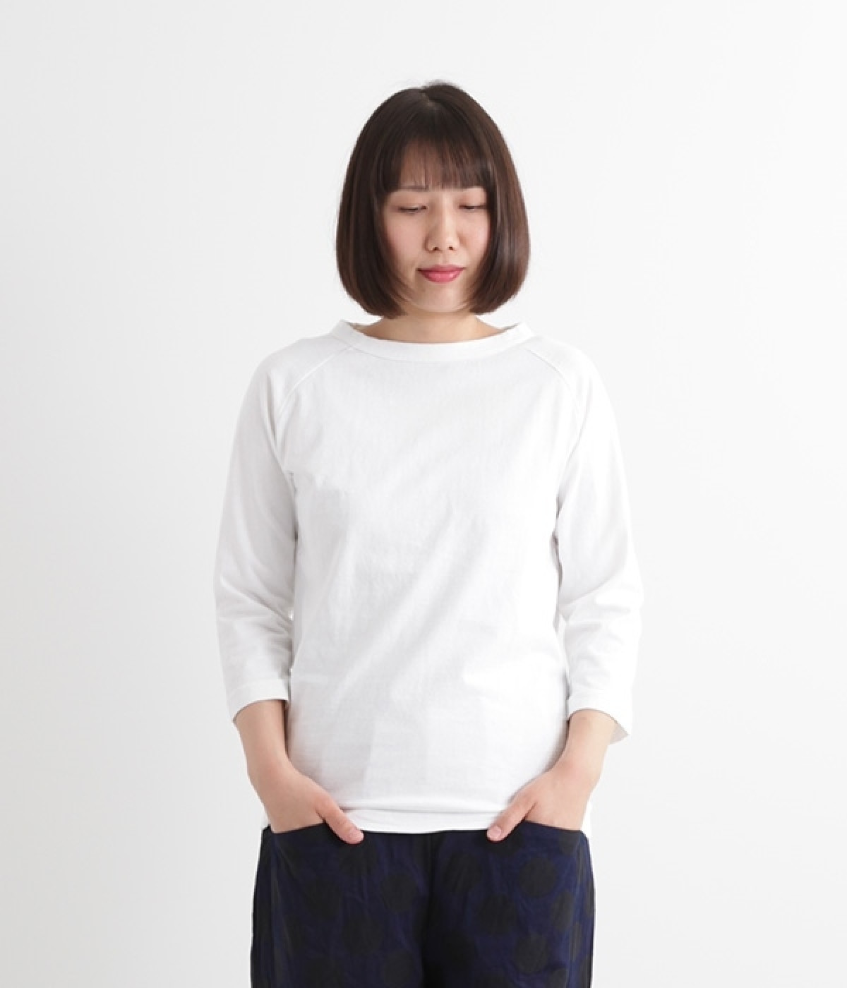 ムラ糸ラグラン7分袖Tシャツ(ホワイト-L)