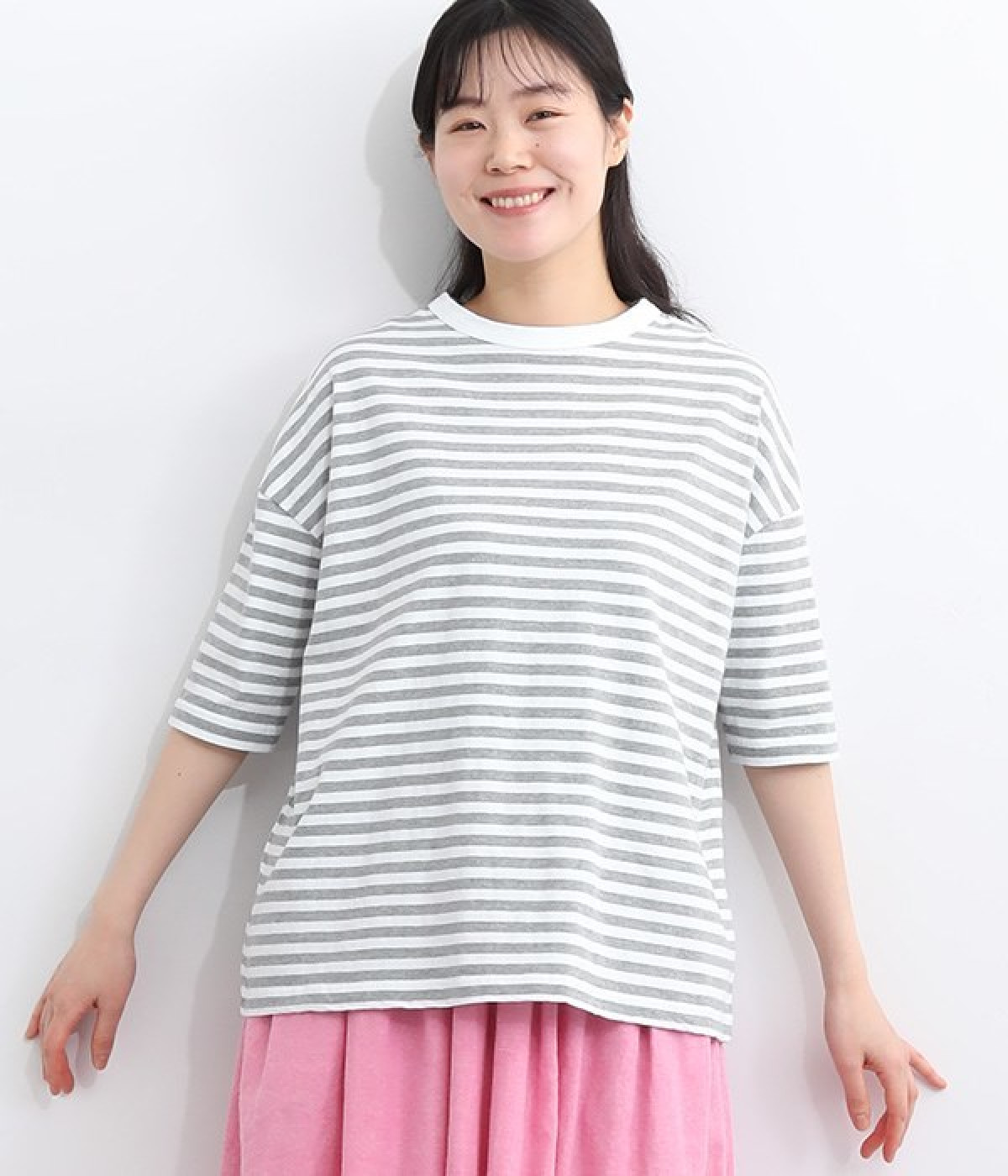ムラ糸ボーダーワイドTシャツ(ホワイト×グレー-ONESIZE)