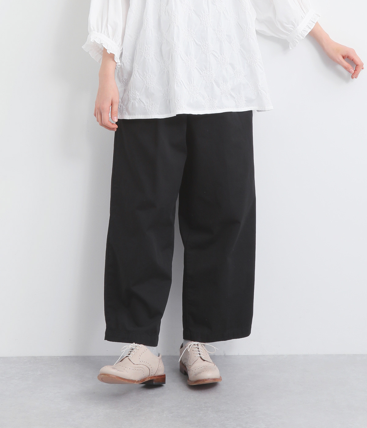 コットン高密度コンパクトチノクロスワイドパンツ(ブラック-L)