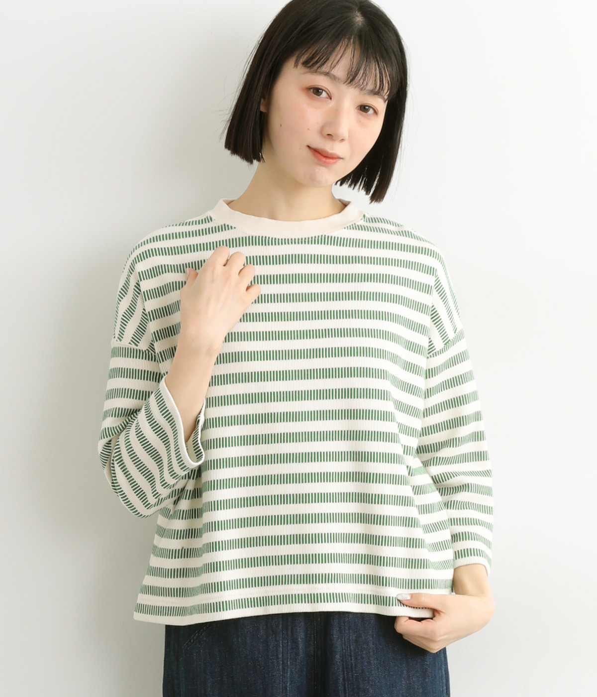 コットンドミノボーダーワイドプルオーバー(グリーン-ONESIZE)