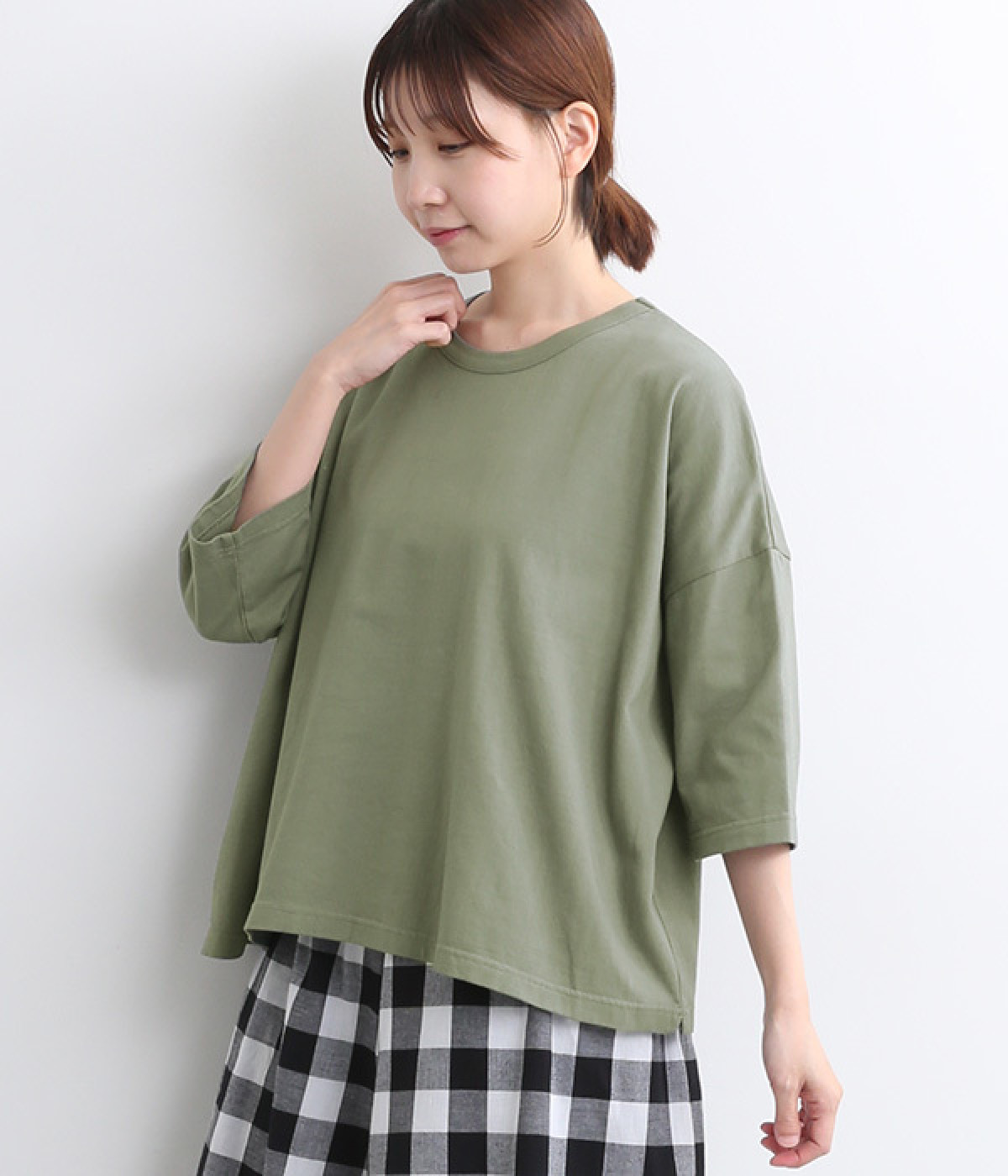 コットンカットソー6分袖ワイドプルオーバー(スモークグリーン-ONESIZE)