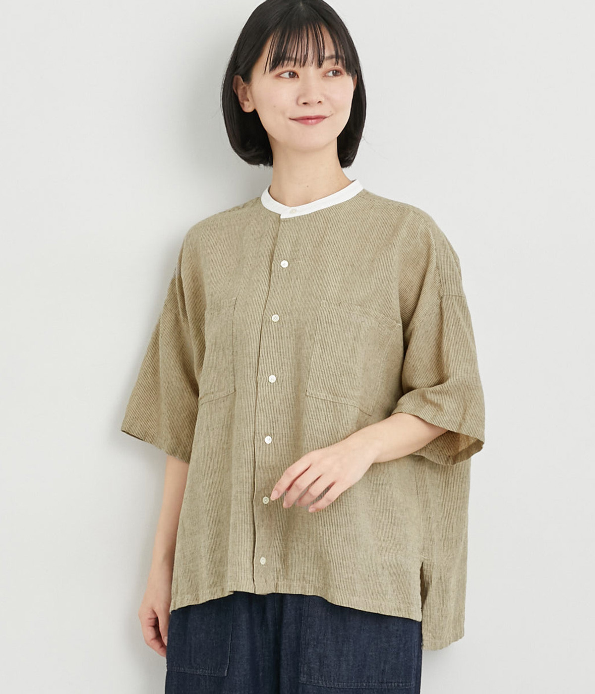 コットンリネン　ストライプワイドシャツ(ベージュ-ONESIZE)