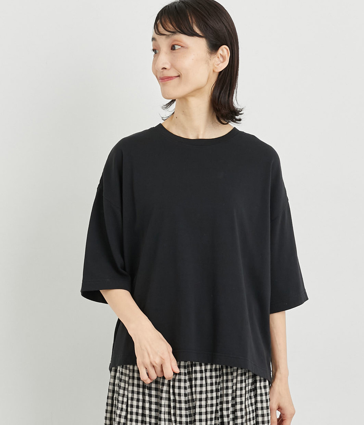 コットンカットソー　ワイドTシャツ(ブラック-ONESIZE)