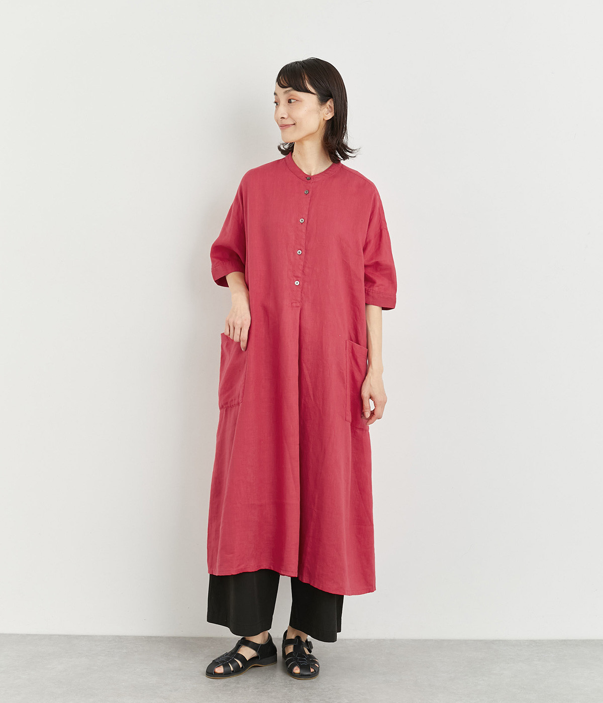 リネン　バンドカラープルオーバーワンピース(レッド-ONESIZE)