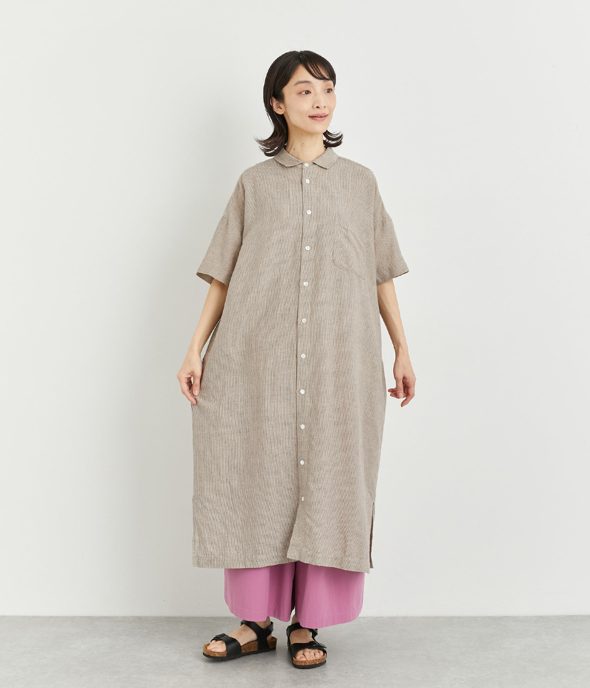 コットンリネン　ストライプシャツワンピース(ベージュ-ONESIZE)