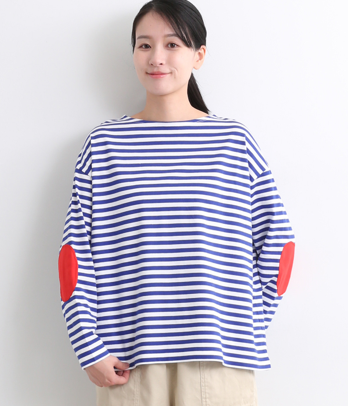 コットン ボーダーエルボパッチプルオーバー(ブルー×レッド-ONESIZE)