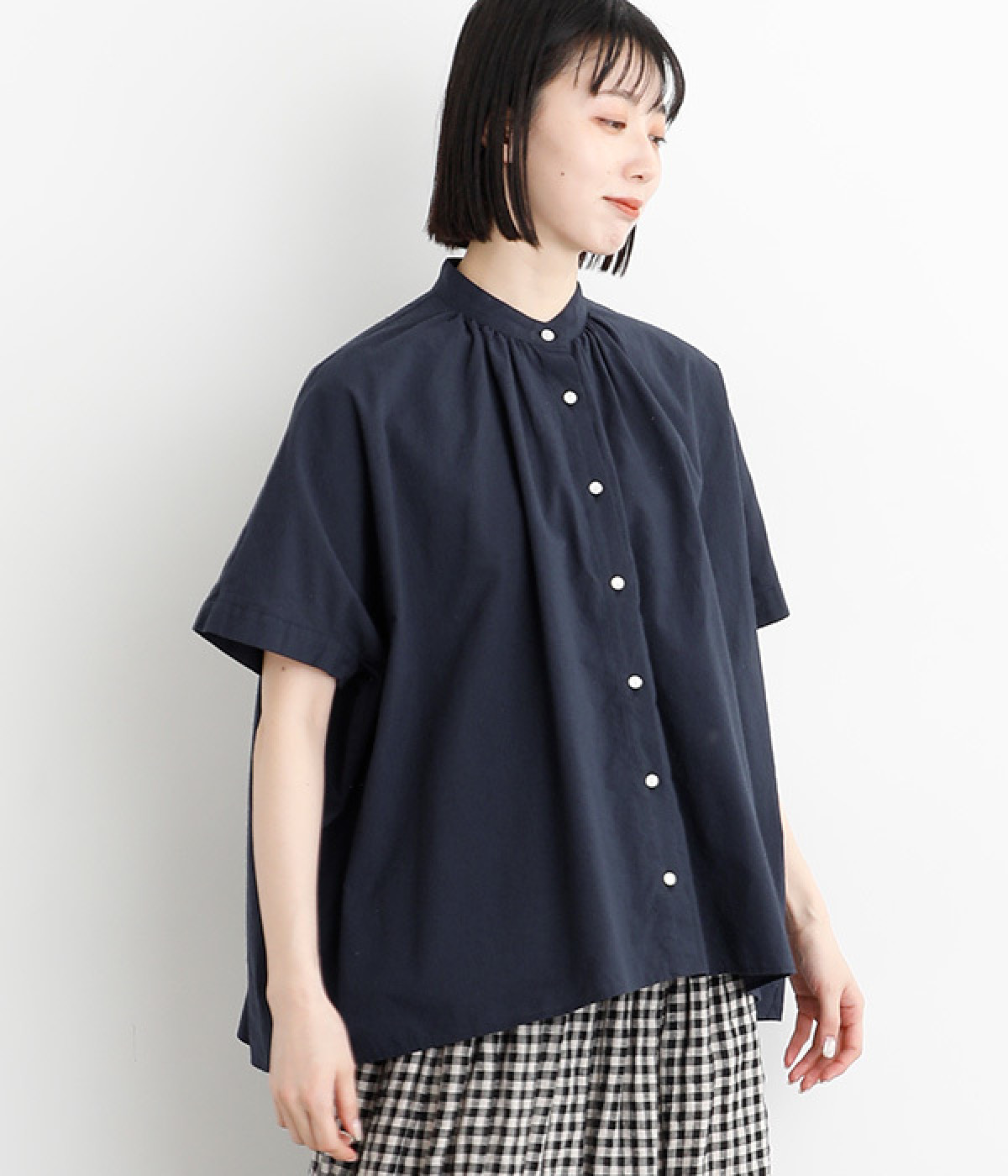 コットン ワイドギャザーシャツ(ネイビー-ONESIZE)