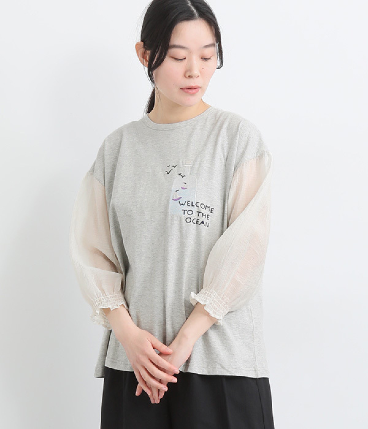 コットンボトル刺繍袖ギャザーＴシャツ(杢グレー-ONESIZE)