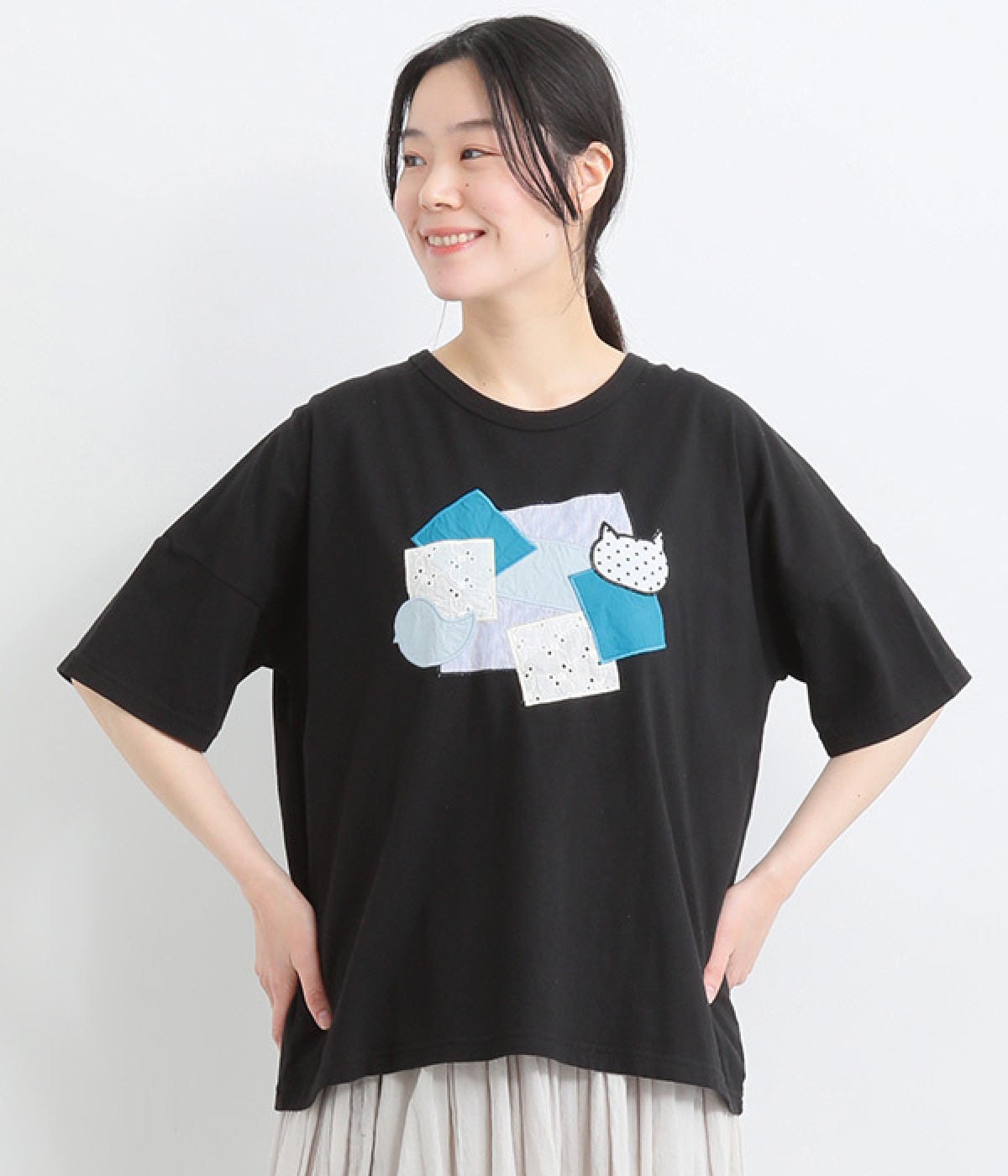 コットンリネン天竺異素材パッチワークＴシャツ(ブラック-ONESIZE)