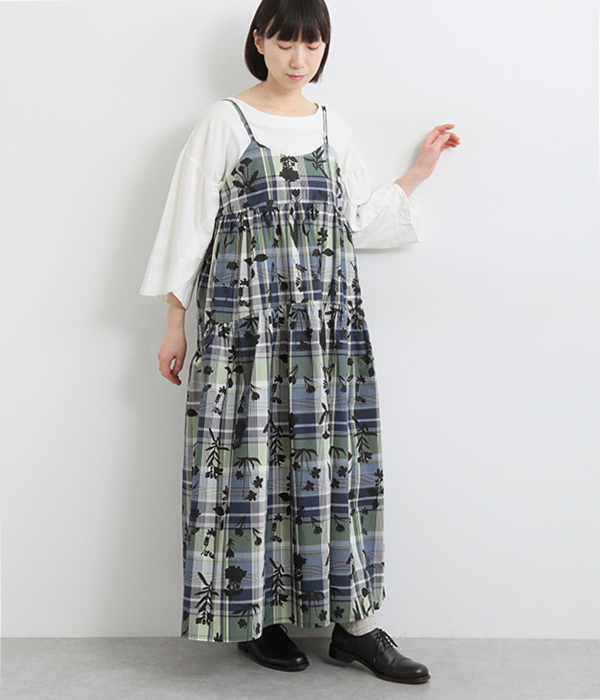 コットン花プリントチェックキャミワンピース(ネイビー-ONESIZE)
