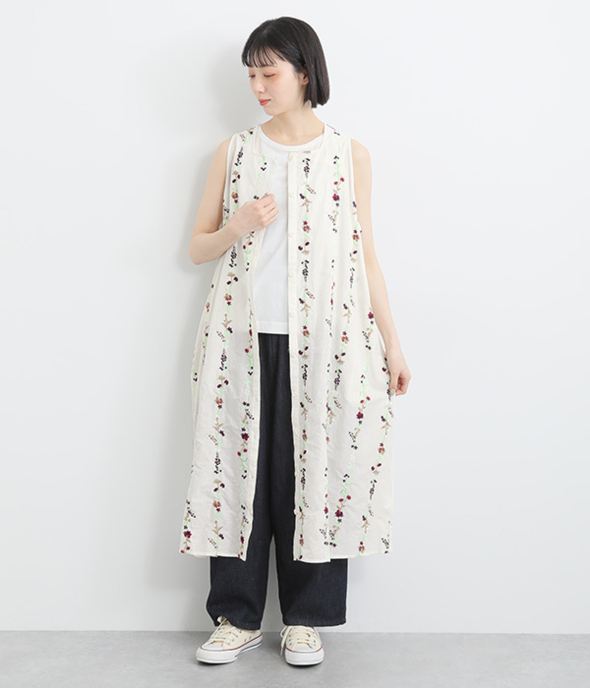 コットン花ストライプ総柄刺繍ジレ(アイボリー-ONESIZE)