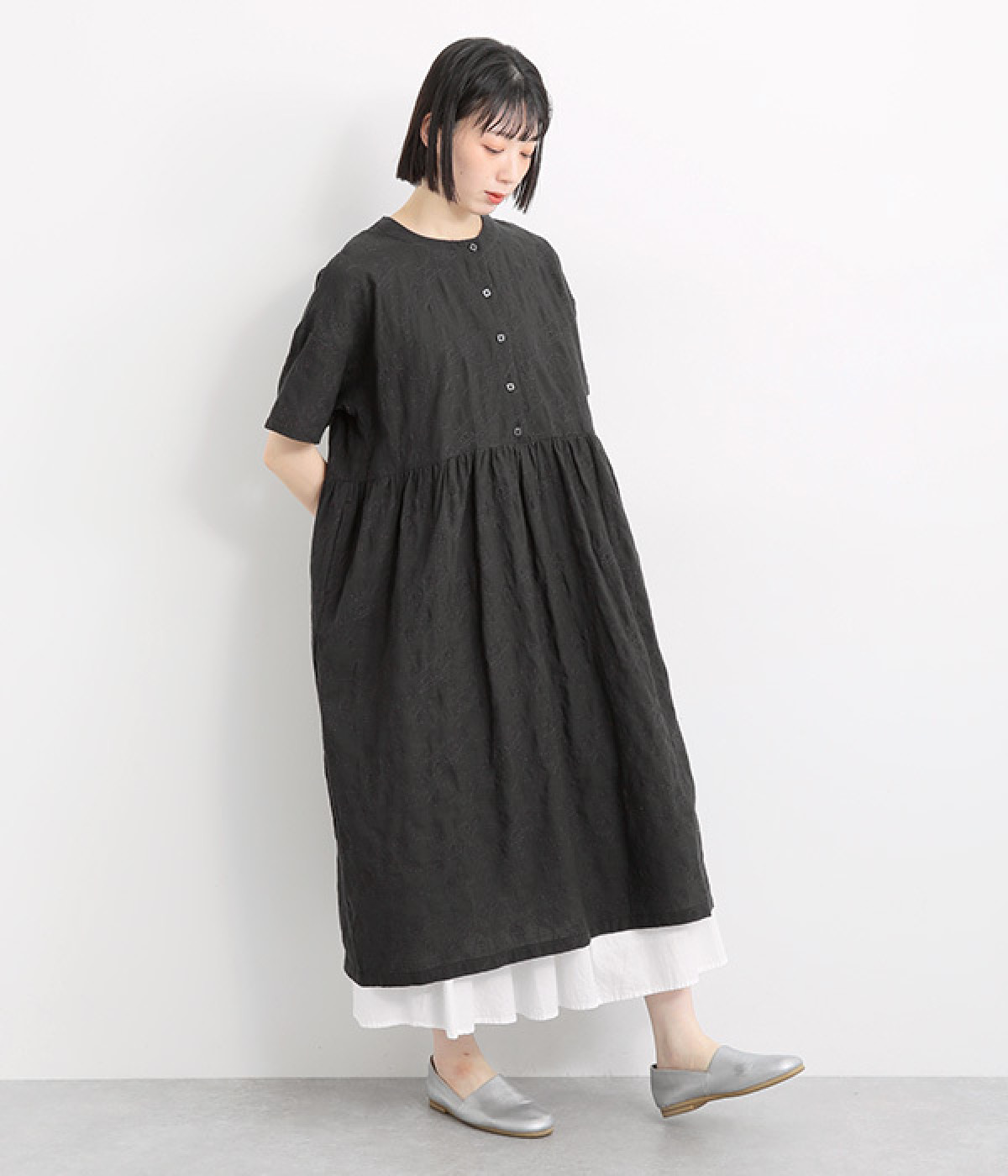 コットンリネンレモンとオレンジ総柄刺繍ワンピース(スミクロ-ONESIZE)
