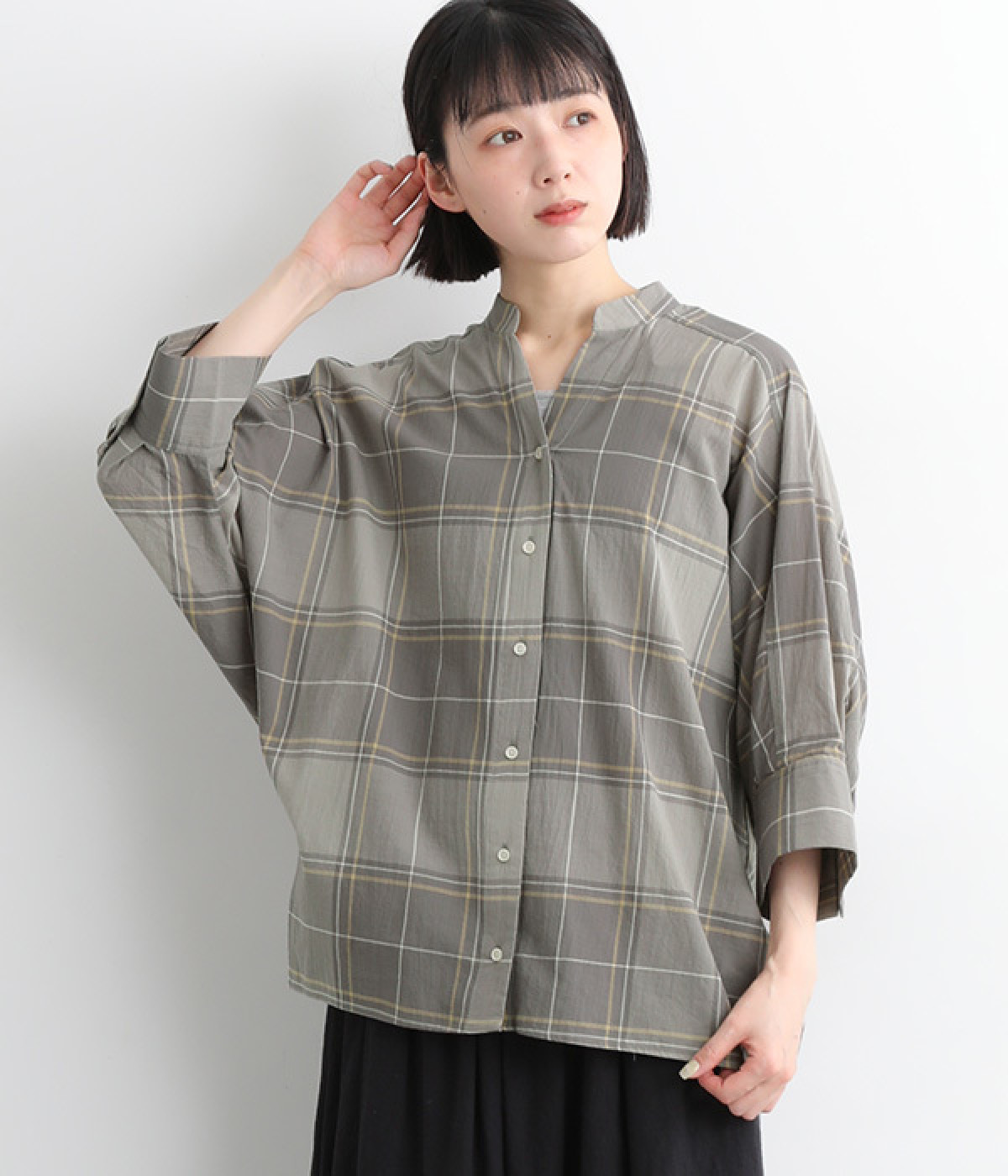 サンドチェックドルマン7分袖チュニック(グレーチェック-ONESIZE)