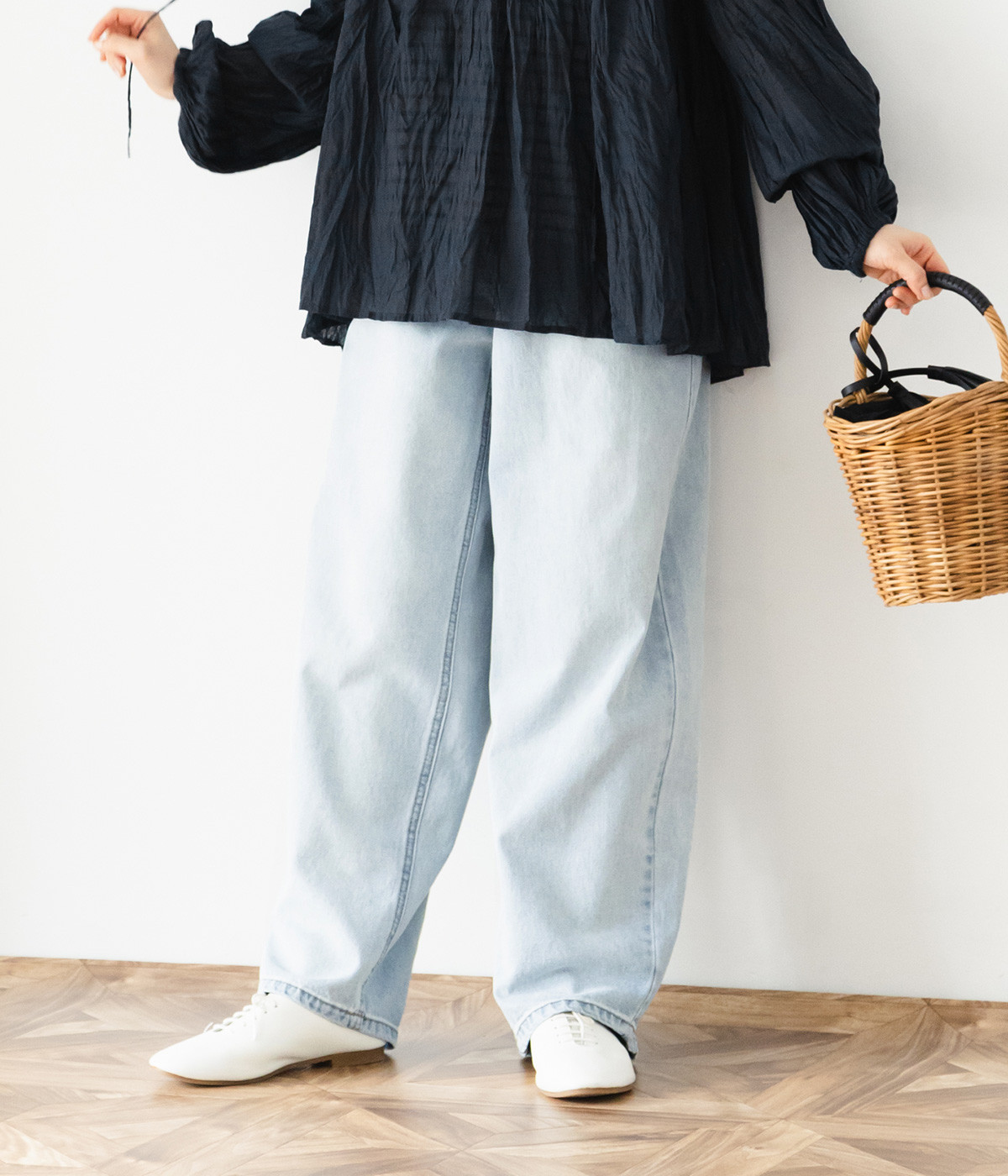 デニムツイル脚長カーブパンツ(ブルー-ONESIZE)