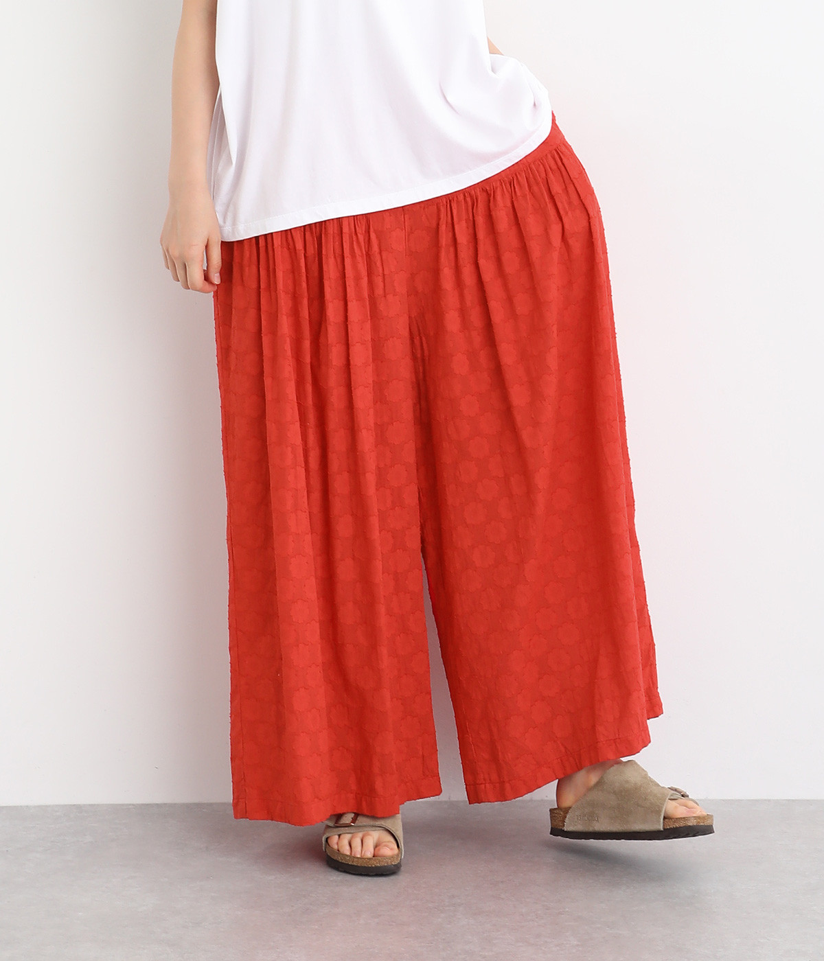 コットン花柄ドビーワイドパンツ(レッド-ONESIZE)